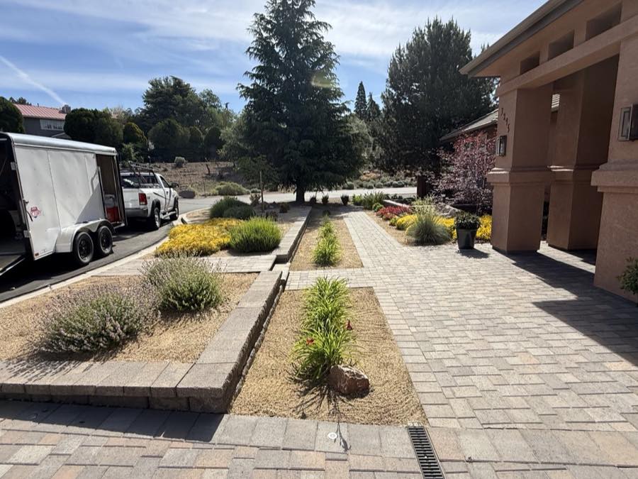 Paver walkway and xeriscape gravel garden beds installed by Spanish Springs Lawn Care